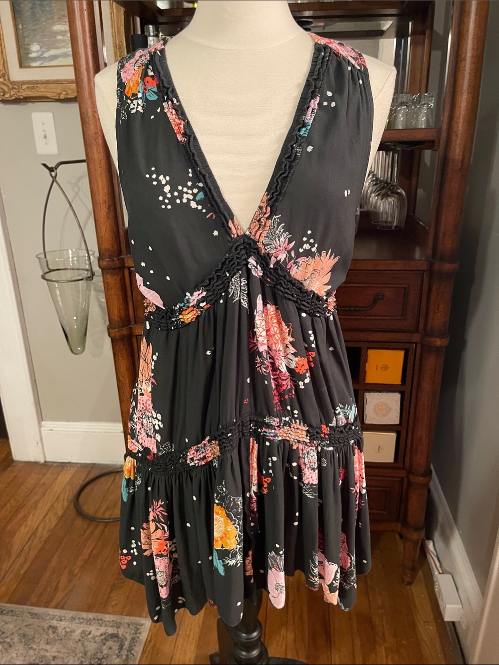 Free People Black Floral V-Neck Mini Dress/Tunic with Coral & Pink Blossoms